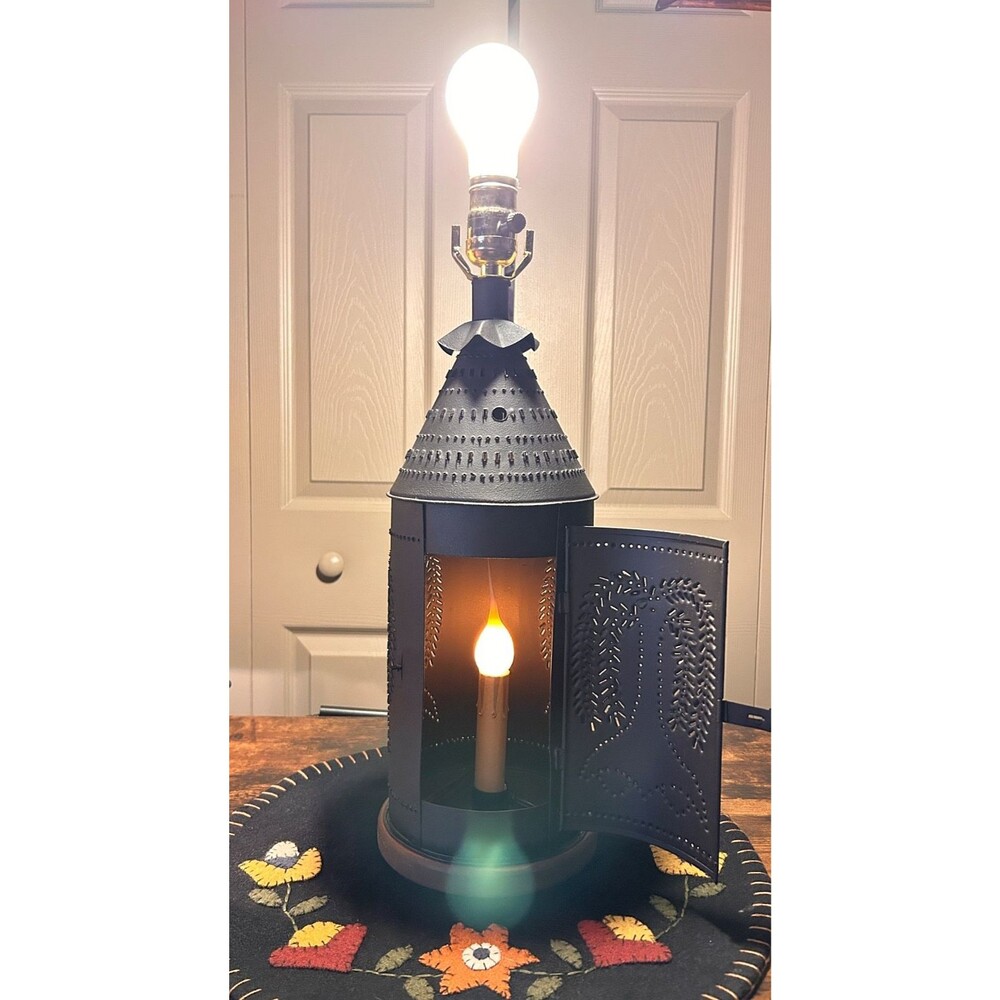 Primitive Punched Tin Lamp 23" Tall Weeping Willow Design